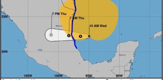 Imagen cedida por el Centro Nacional de Hurcanes (NHC) estadounidense donde se muestra el pronóstico de tres días del paso de la tormenta tropical Alberto en el Golfo de México. EFE/NHC