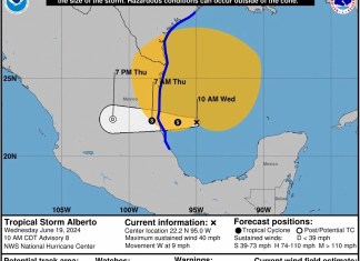 Imagen cedida por el Centro Nacional de Hurcanes (NHC) estadounidense donde se muestra el pronóstico de tres días del paso de la tormenta tropical Alberto en el Golfo de México. EFE/NHC