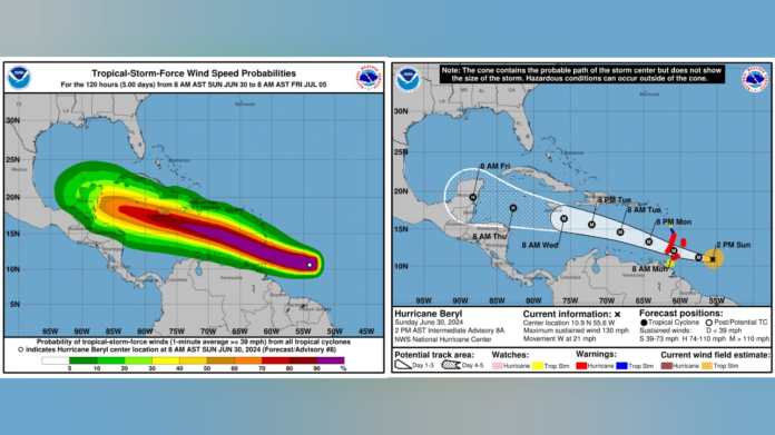 Trayectoria y probabilidades de los vientos de fuerza de tormenta tropical del huracán Beryl según el Centro Nacional de Huracanes de EE. UU. Foto La Hora / INSIVUMEH