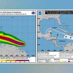 Trayectoria y probabilidades de los vientos de fuerza de tormenta tropical del huracán Beryl según el Centro Nacional de Huracanes de EE. UU. Foto La Hora / INSIVUMEH