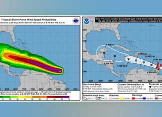 Trayectoria y probabilidades de los vientos de fuerza de tormenta tropical del huracán Beryl según el Centro Nacional de Huracanes de EE. UU. Foto La Hora / INSIVUMEH