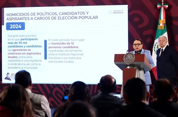 La secretaria de Seguridad y Protección Ciudadana, Rosa Icela Rodríguez, habla durante una conferencia de prensa en el Palacio Nacional de Ciudad de México (México). EFE/ José Méndez