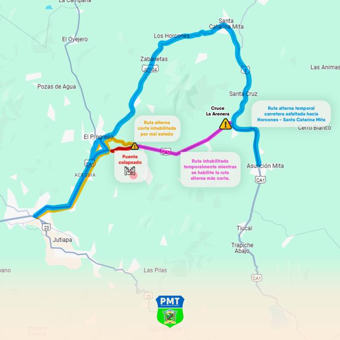 En celeste se marca la ruta alterna y en rojo el lugar del socavón. (Foto: Municipalidad de Asunción Mita)
