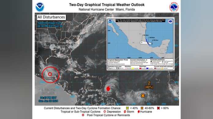 Según el INSIVUMEH el sistema de baja presión localizado en el Golfo de México ganó fuerza y se convirtió en la Depresión Tropical Tres. Foto La Hora / INSIVUMEH