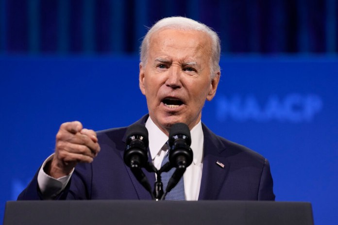 El presidente Joe Biden habla en la 115.ª Convención Nacional de la NAACP en Las Vegas, el martes 16 de julio de 2024. (Foto AP/Susan Walsh)