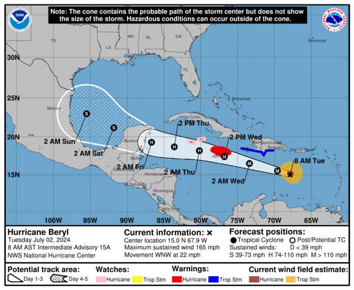 La reciente actualización muestra la posible trayectoria de Beryl. (Foto: NOAA)