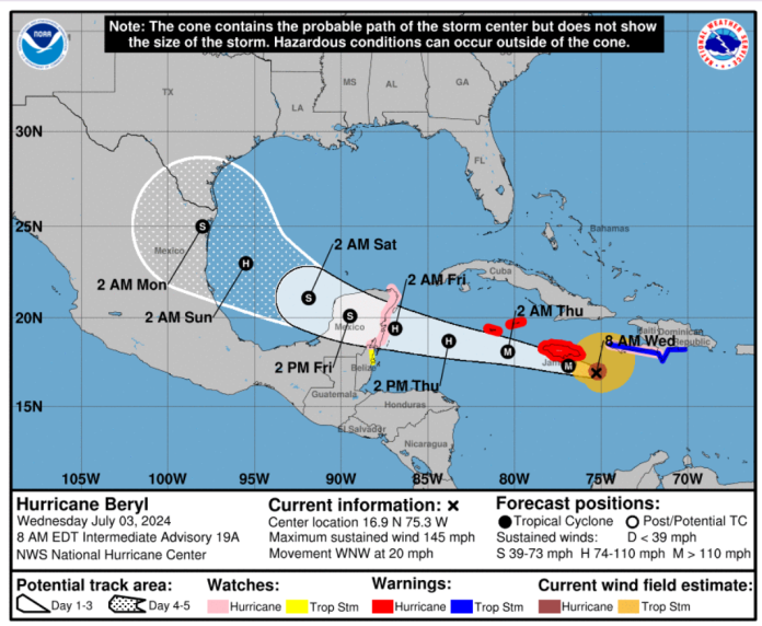 Recorrido actualizado de Beryl, el jueves ingresará a Belice y Península de Yucatán como huracán. (Foto: NOAA)