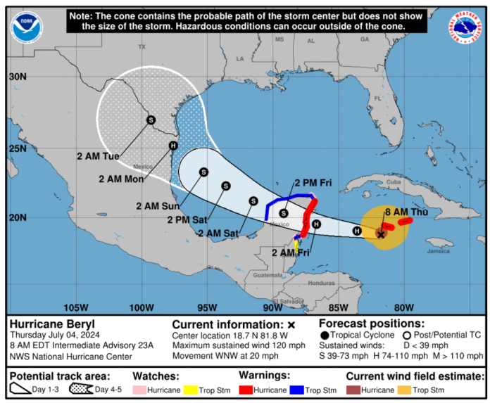 Se espera que el huracán Beryl ingrese a la Península de Yucatán la noche del jueves 4 de julio 2024. (Foto: NOAA)