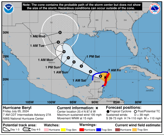 Beryl se estaría degradando a tormenta tropical y posiblemente se fortalecería de nuevo como huracán. (Foto: NOAA)