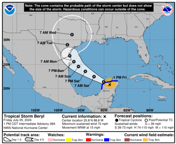 La tormenta tropical Beryl se encuentra circulando sobre la península de Yucatán. (Foto: NOAA)