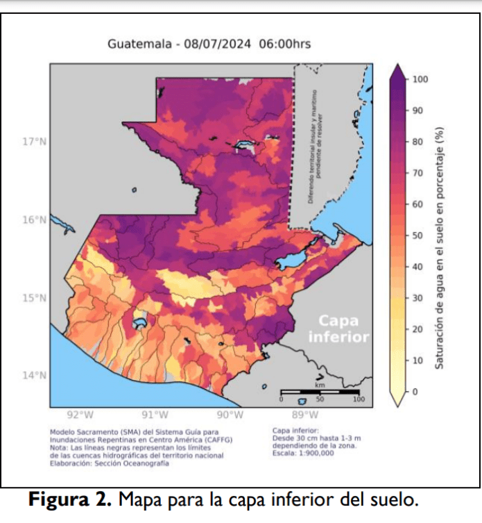 El mapa muestra en en rojo y morado los lugares con mayor saturación de suelos. (Foto: Insivumeh)