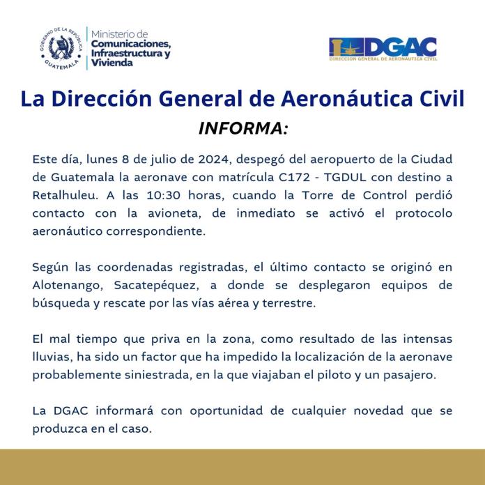 La DGAC informó sobre la avioneta desaparecida. (Foto: DGAC)