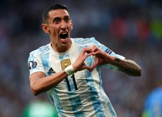 Di María, al celebrar el gol que le anotó a Italia en la Finalissima, Copa de Campeones de la Conmebol y la UEFA, el 1 de junio de 2022, en Londres (Reino Unido). EFE/Daniel Hambury