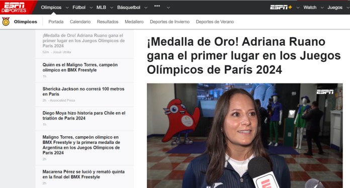 ESPN destacó diversas notas de Adriana Ruano, previo a la competencia y al ganar el oro. Foto: captura de pantalla