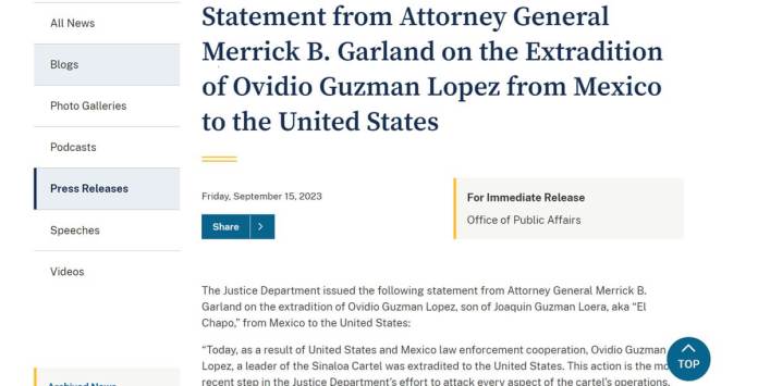 El Departamento de Estado informó sobre la extradición de Ovidio Guzmán. Foto: captura de pantalla