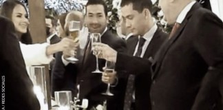 Jairo Ponce, Miguel Martínez y Alejandro Giammattei, durante un brindis en una boda. Foto Plaza Pública / Redes Sociales - Diseño La Hora / Roberto Altán