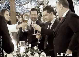 Jairo Ponce, Miguel Martínez y Alejandro Giammattei, durante un brindis en una boda. Foto Plaza Pública / Redes Sociales - Diseño La Hora / Roberto Altán