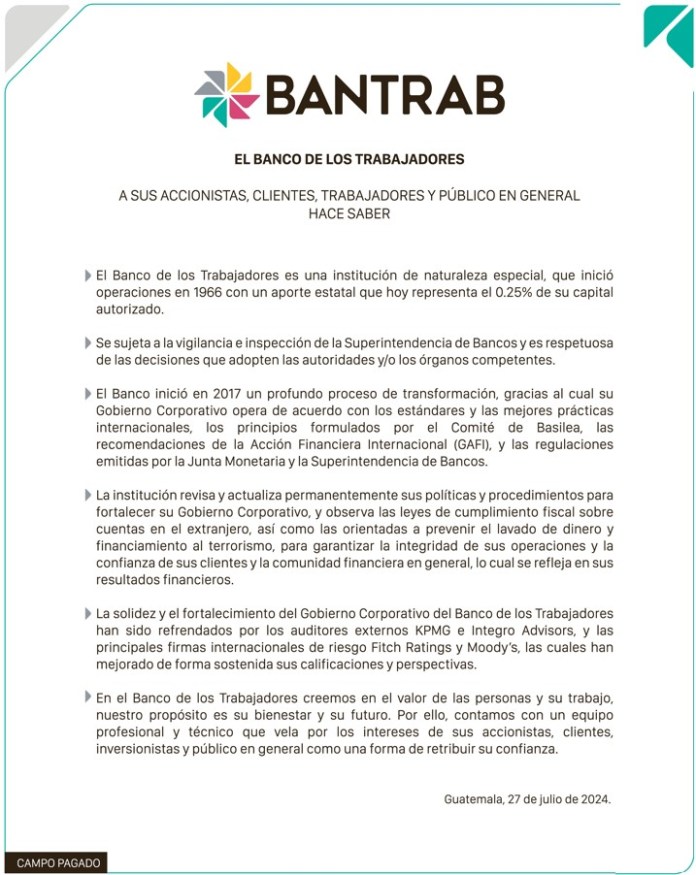 Comunicado del Banco de los Trabajadores.