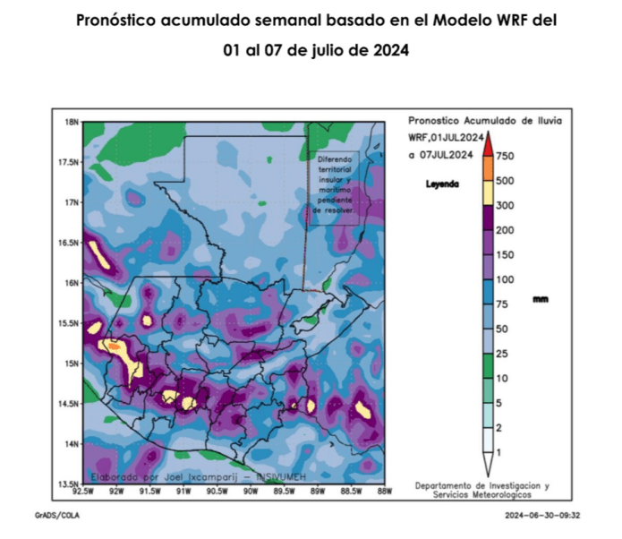 Pronóstico de acumulados de lluvia para la semana de 1 al 7 de julio. (Foto: Insivumeh)