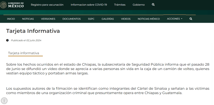 El gobierno mexicano emitió un comunicado sobre la masacre. (Foto: captura de pantalla)