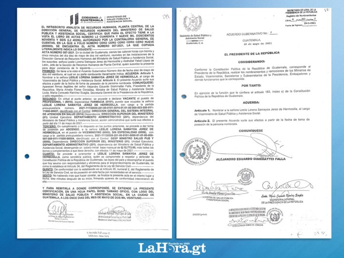 Acuerdo gubernativo con el cual el presidente Alejandro Giammattei nombró a Leslie Samayoa como viceministra técnica. Foto: La Hora.