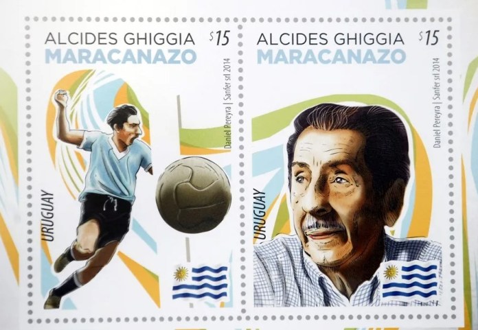 Imagen de archivo de la hoja filatélica 'Maracanazo', homenaje al que fuera el último sobreviviente de la Copa del Mundo obtenida por Uruguay en 1950: Alcides Ghiggia. EFE/Iván Franco