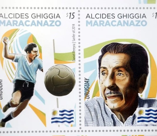 Imagen de archivo de la hoja filatélica 'Maracanazo', homenaje al que fuera el último sobreviviente de la Copa del Mundo obtenida por Uruguay en 1950: Alcides Ghiggia. EFE/Iván Franco