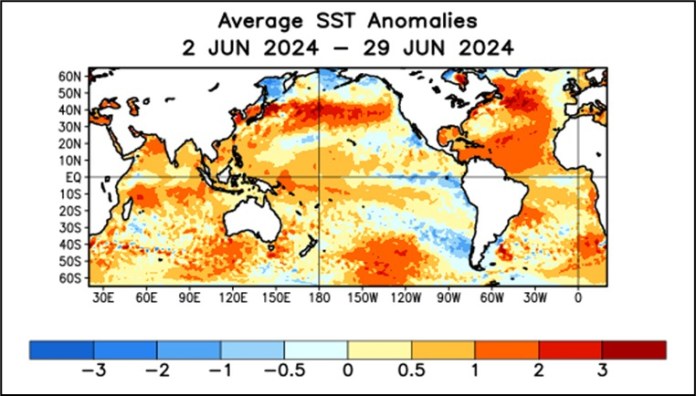 La gráfica muestra la temperatura de los océanos; en color rojo y naranja se marca el calentamiento en el Atlántico. (Foto: Insivumeh)