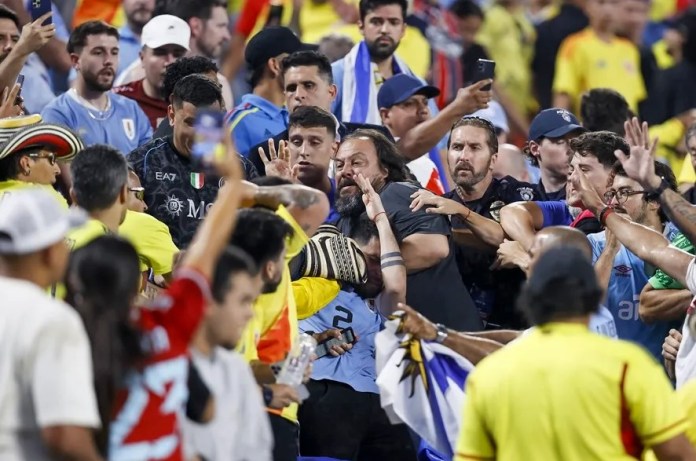 Los aficionados se pelean en la Copa América 2024. EFE/EPA/BRIAN WESTERHOLT