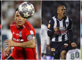 Fotografías de archivo de cuatro de los jugadores en activo más veteranos. De izquierda a derecha: el arquero argentino Cristian Campestrini, los delanteros chilenos Esteban Paredes y Humberto Suazo, y el defensor portugués José Fonte. EFE/ ARCHIVO