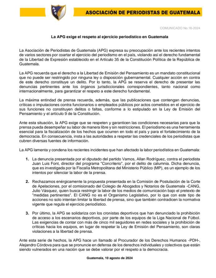 Comunicado emitido por la APG.