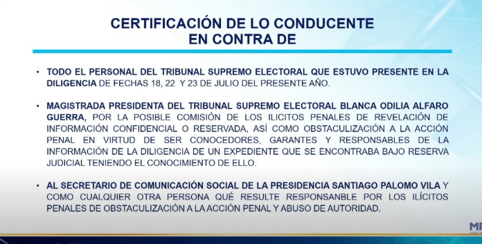 El MP solicita la certificación de lo conducente en contra de Blanca Alfaro y Santiago Palomo. Foto: captura de video