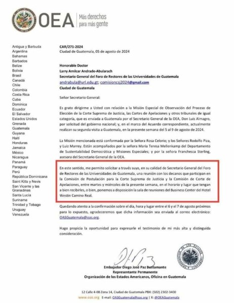 La carta, dirigida a Larry Andrade, Secretario General del Foro de Rectores, solicita una reunión con decanos integrantes de las postuladoras. Foto: OEA 