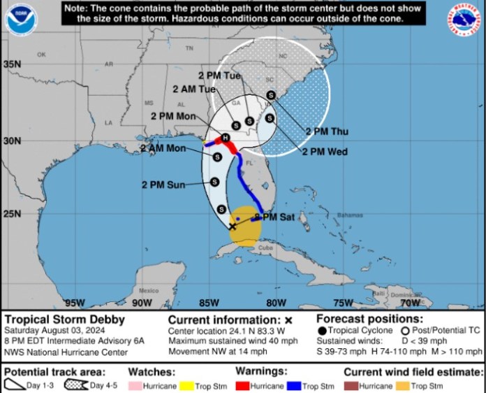 Según los pronósticos, la tormenta Debby ingresará a EE.UU. desde Florida. Foto: NOAA