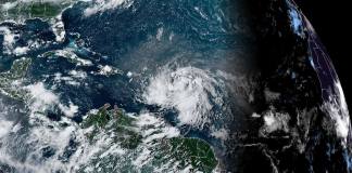 Fotografía satelital cedida este lunes por la Oficina Nacional de Administración Oceánica y Atmosférica (NOAA) a través del Centro Nacional de Huracanes (NHC) de Estados Unidos donde se muestra la localización de la tormenta tropical Ernesto en el Atlántico. EFE/NOAA-NHC