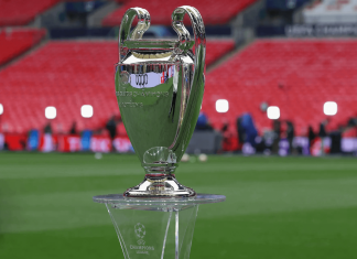 Vista del trofeo de la Liga de Campeones en el estadio de Wembley, escenario de la última final. EFE/Kiko Huesca