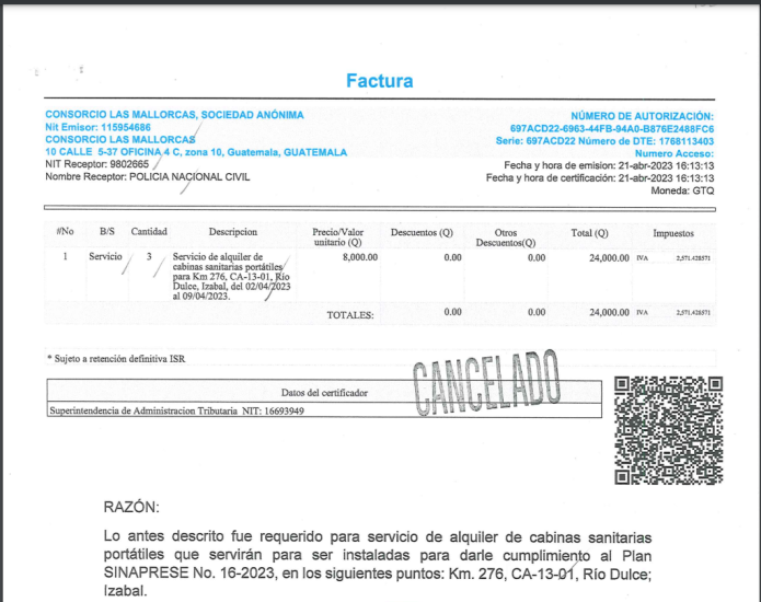 Factura en la que muestra que el precio por unidad de una cabina sanitaria se habría alquilado por Q8 mil. 