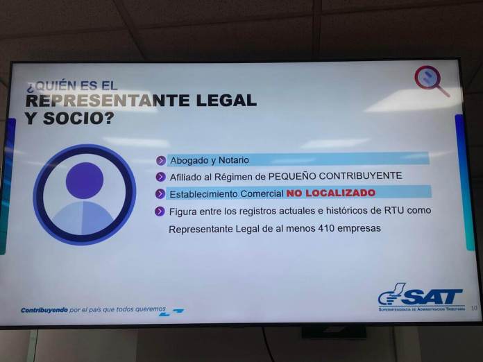 La SAT indicó que el representante legal y socio figura entre los registros actuales e históricos de RTU como Representante Legal al menos 410 empresas. Foto La Hora / José Orozco 