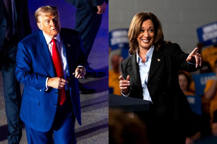 Combo de fotografías del expresidente de los EE.UU. y actual candidato presidencial republicano, Donald Trump y la vicepresidenta de los EE.UU. y candidata presidencial demócrata, Kamala Harris. EFE/EPA/ Jim Lo Scalzo / Cydni Elledge