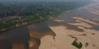 Esta vista aérea muestra el río Madeira, un afluente del Amazonas, durante la temporada de estiaje, el sábado 7 de septiembre de 2024, en Humaitá, en el estado de Amazonas, Brasil. (AP Photo/Edmar Barros)