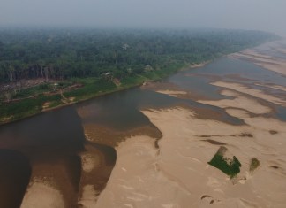 Esta vista aérea muestra el río Madeira, un afluente del Amazonas, durante la temporada de estiaje, el sábado 7 de septiembre de 2024, en Humaitá, en el estado de Amazonas, Brasil. (AP Photo/Edmar Barros)