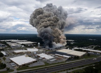 El humo tras el incendio en la planta química BioLab en Conyers, Georgia, el 29 de septiembre del 2024. (Ben Gray/Atlanta Journal-Constitution via AP)