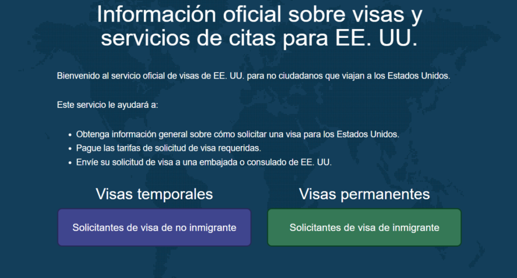 Sitio web de la Embajada para hacer la solicitud de cita de visa.