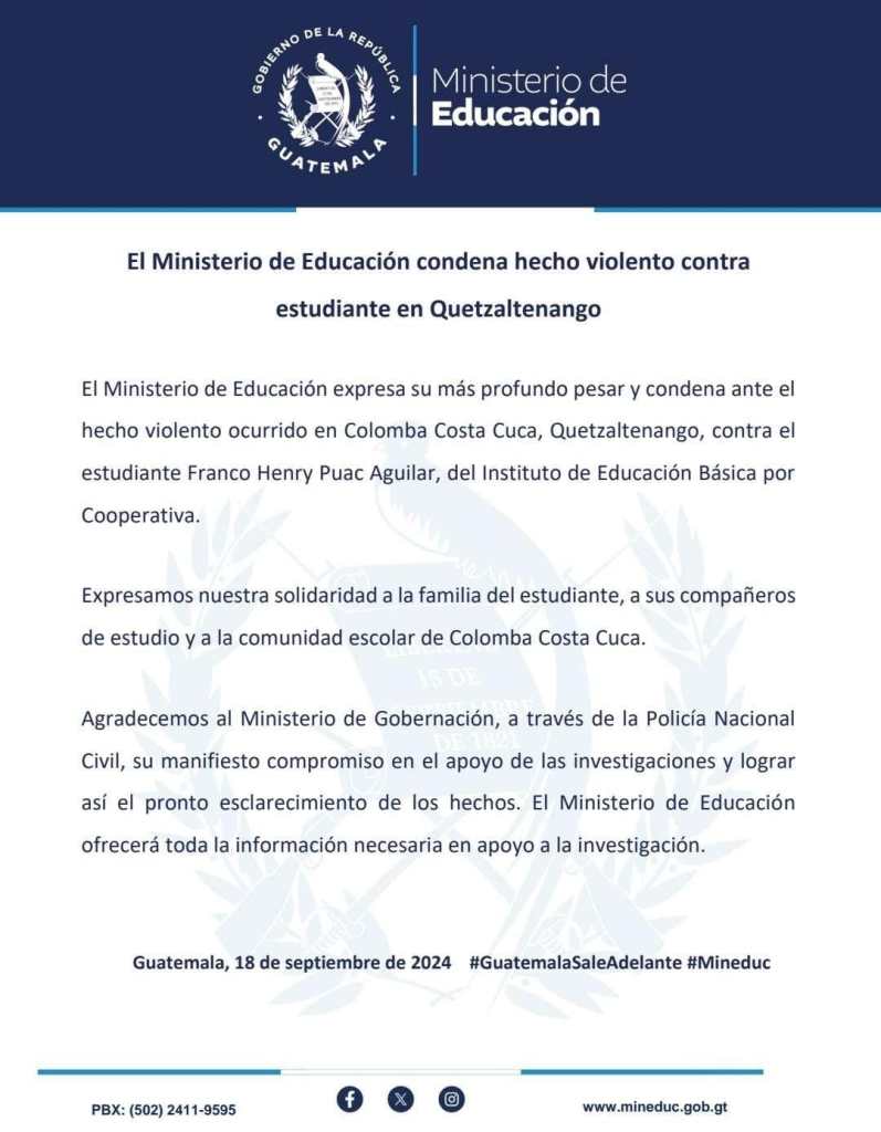 Mineduc condena hecho violento contra estudiante en Quetzaltenango