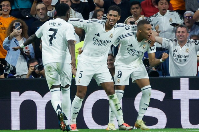 Vini Jr., Jude y Mbappé celebrando un gol