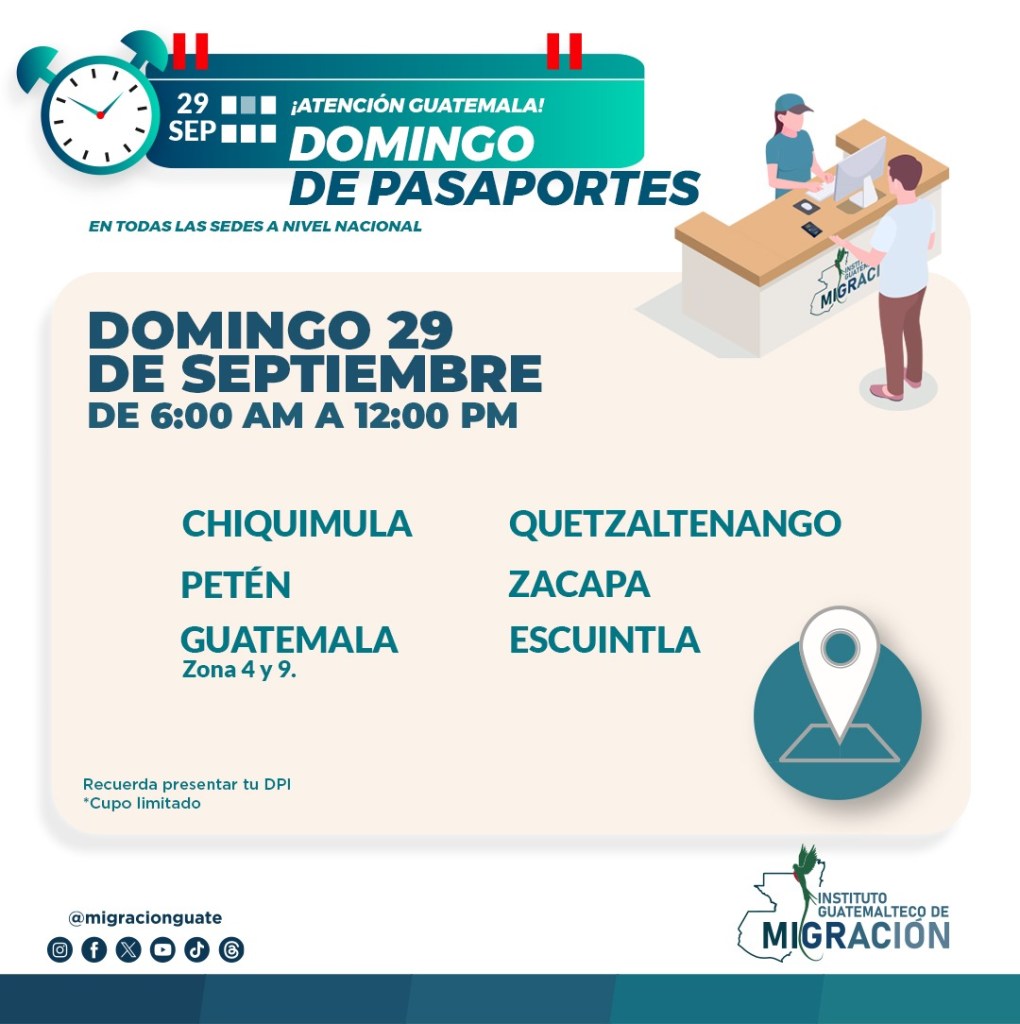 Anuncio del Instituto Guatemalteco de Migración sobre jornada extraordinaria de emisión de pasaportes. 