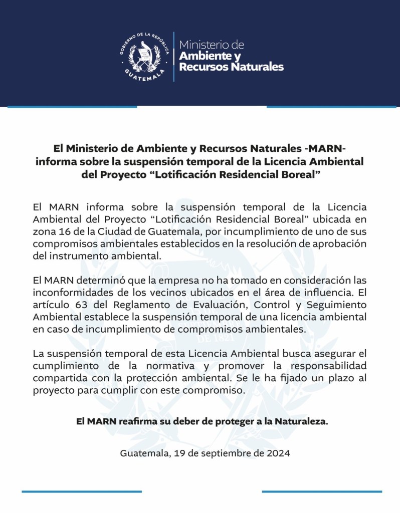 Ambiente revoca licencia ambiental a lotificación por “inconformidad de vecinos”