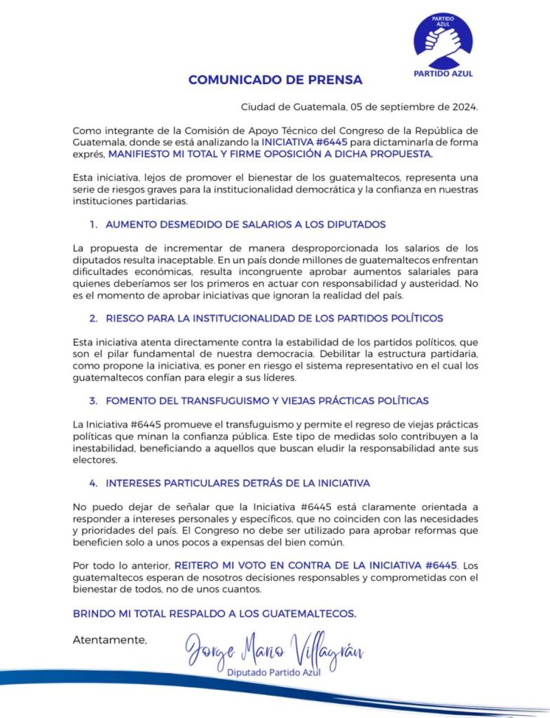 El representante del bloque Azul, Jorge Mario Villagrán, confirma su voto en contra de la reforma a la Ley Orgánica del Organismo Legislativo. Foto: Jorge Mario Villagrán