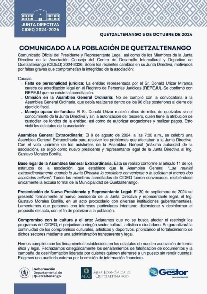 Comunicado de Gobernación Departamental de Quetzaltenango