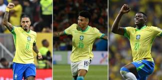 Combo de fotografías donde aparecen los jugadores de la selección brasileña de fútbol Raphinha (i) Igor Jesus (c) y Luiz Henrique. EFE/ Andre Borges / Elvis González